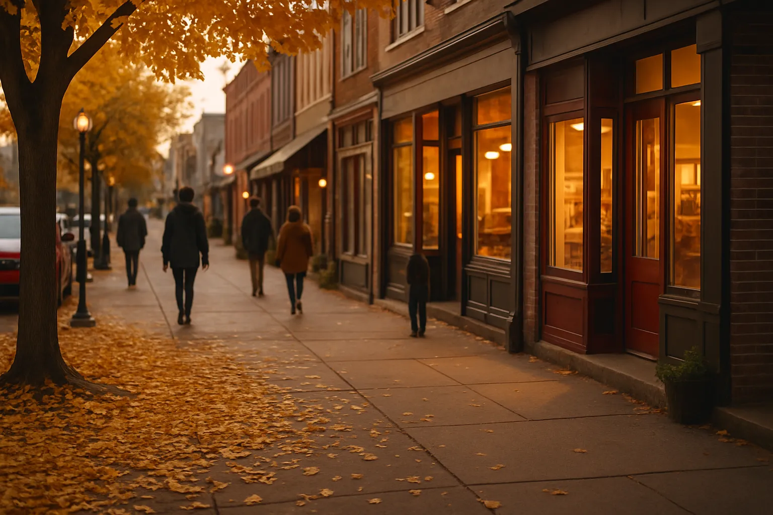 A warm autumn street scene in a small city downtown, with golden leaves on the sidewalk, shop fronts glowing softly in the late afternoon light, and a few peopl