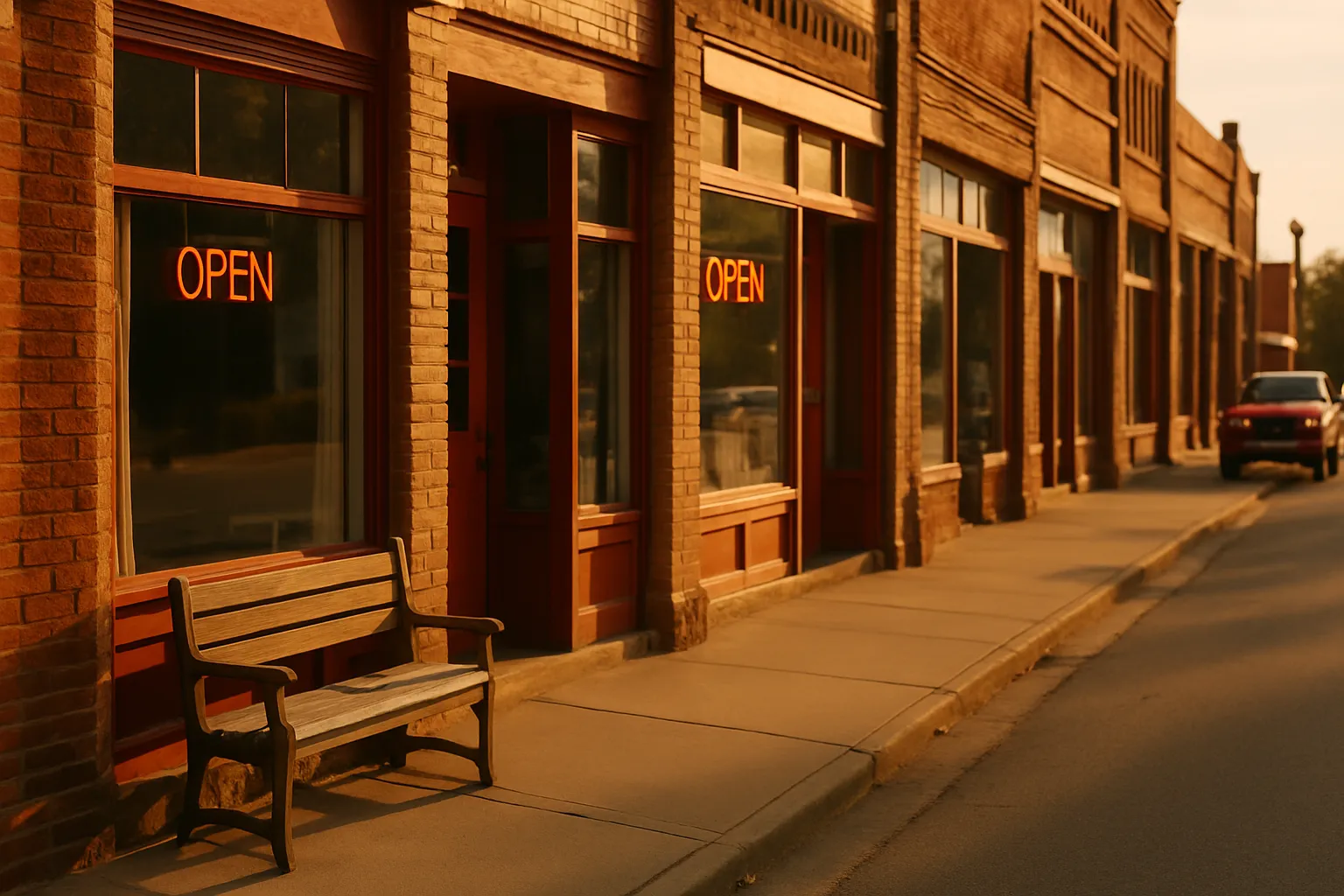 A sunlit Oklahoma main street storefront row with open signs and a sidewalk bench, soft morning light, no visible text or logos.