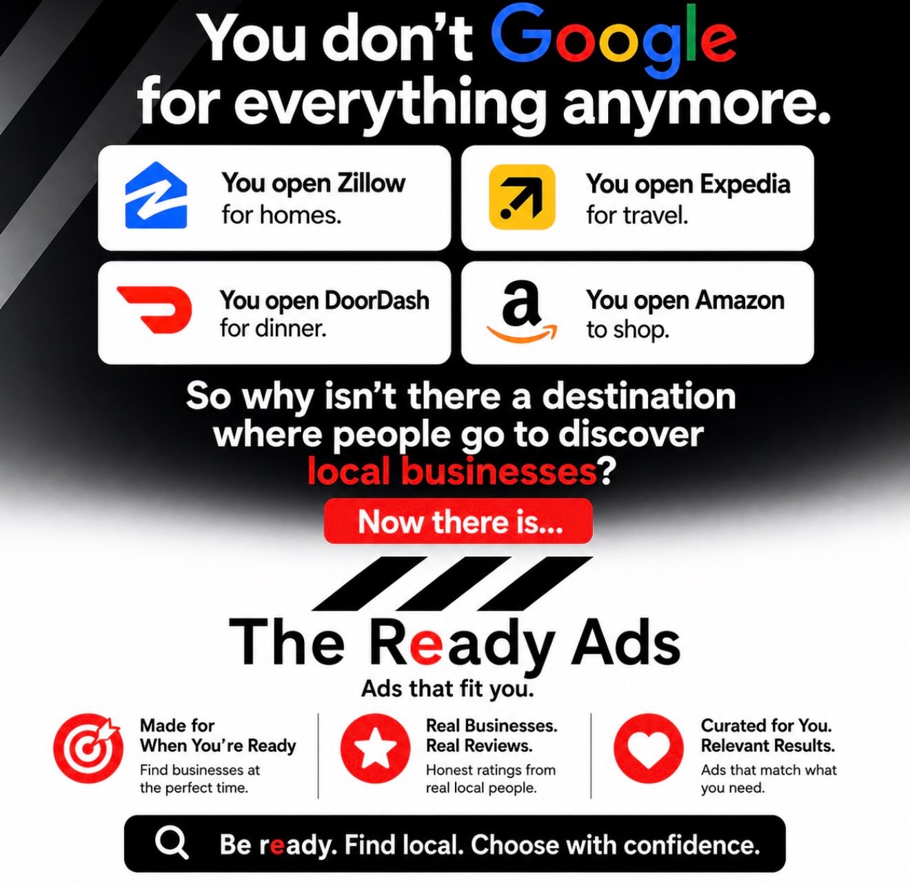 Infographic listing Zillow, Expedia, DoorDash and Amazon, then promoting The Ready Ads local business directory