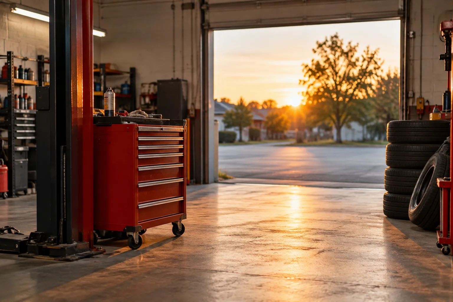 A quiet, generic neighborhood auto repair garage bay at golden hour with an open roll-up door, a rolling tool chest, and stacked tires, no vehicles or signage v