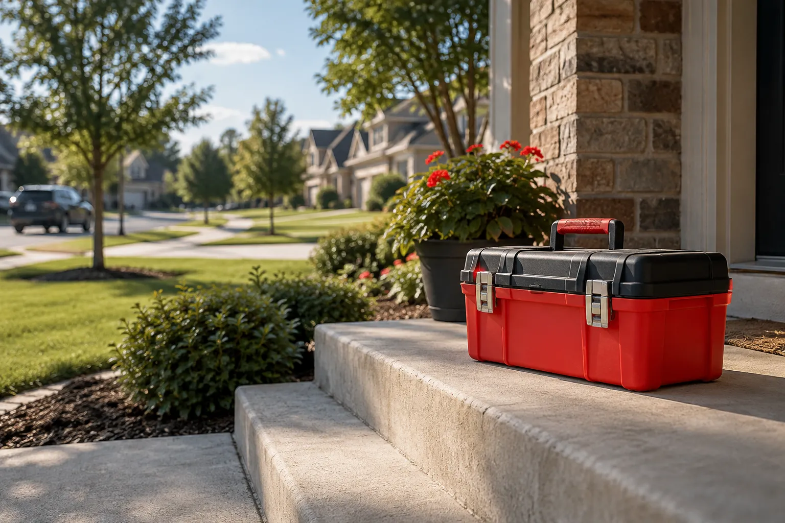 A quiet residential street in a Tulsa-area neighborhood on a sunny afternoon, with a closed toolbox resting on a front porch step.