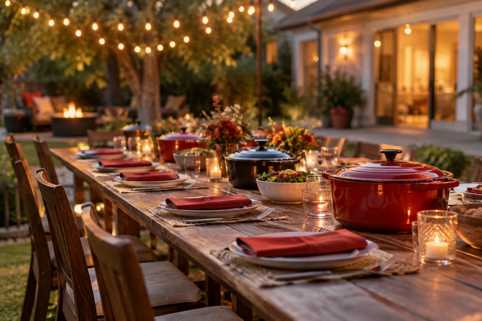 A long outdoor table set with covered serving dishes, stacked plates, and folded napkins in a backyard strung with soft evening lights.