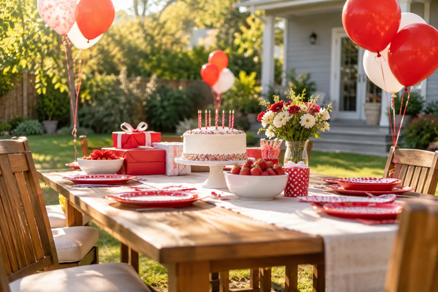 A cheerful backyard birthday table with a frosted cake, wrapped gifts, paper plates, and colorful balloons tied to the chairs on a sunny afternoon.