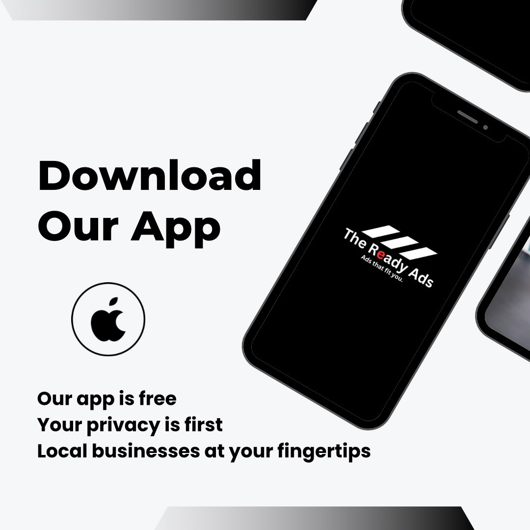 Promotional graphic with smartphones showing The Ready Ads app splash screen and large overlaid text reading Download Our App