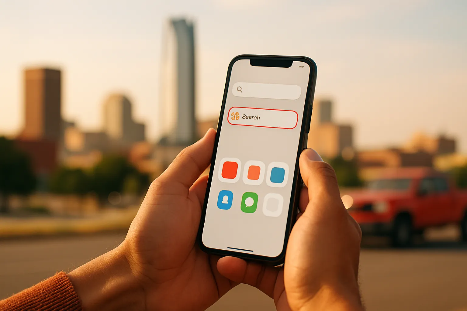 A person's hands holding a smartphone displaying a clean app search interface, set against a warm, softly blurred Oklahoma cityscape in the background.