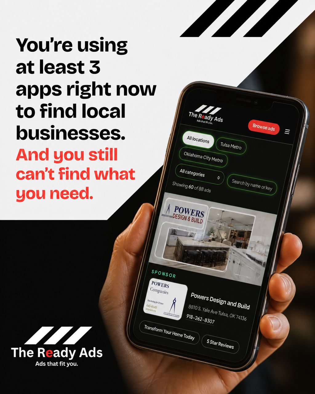 Hand holding a smartphone displaying The Ready Ads app interface with overlaid promotional text and branding graphics