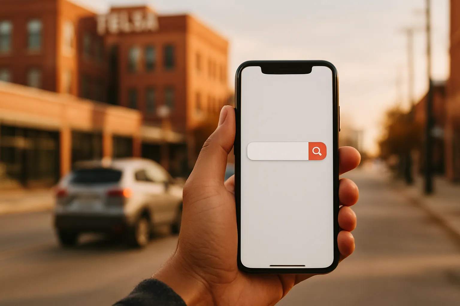 A person's hand holding a smartphone displaying a clean, minimal search interface, with a warm Tulsa urban streetscape softly blurred in the background.