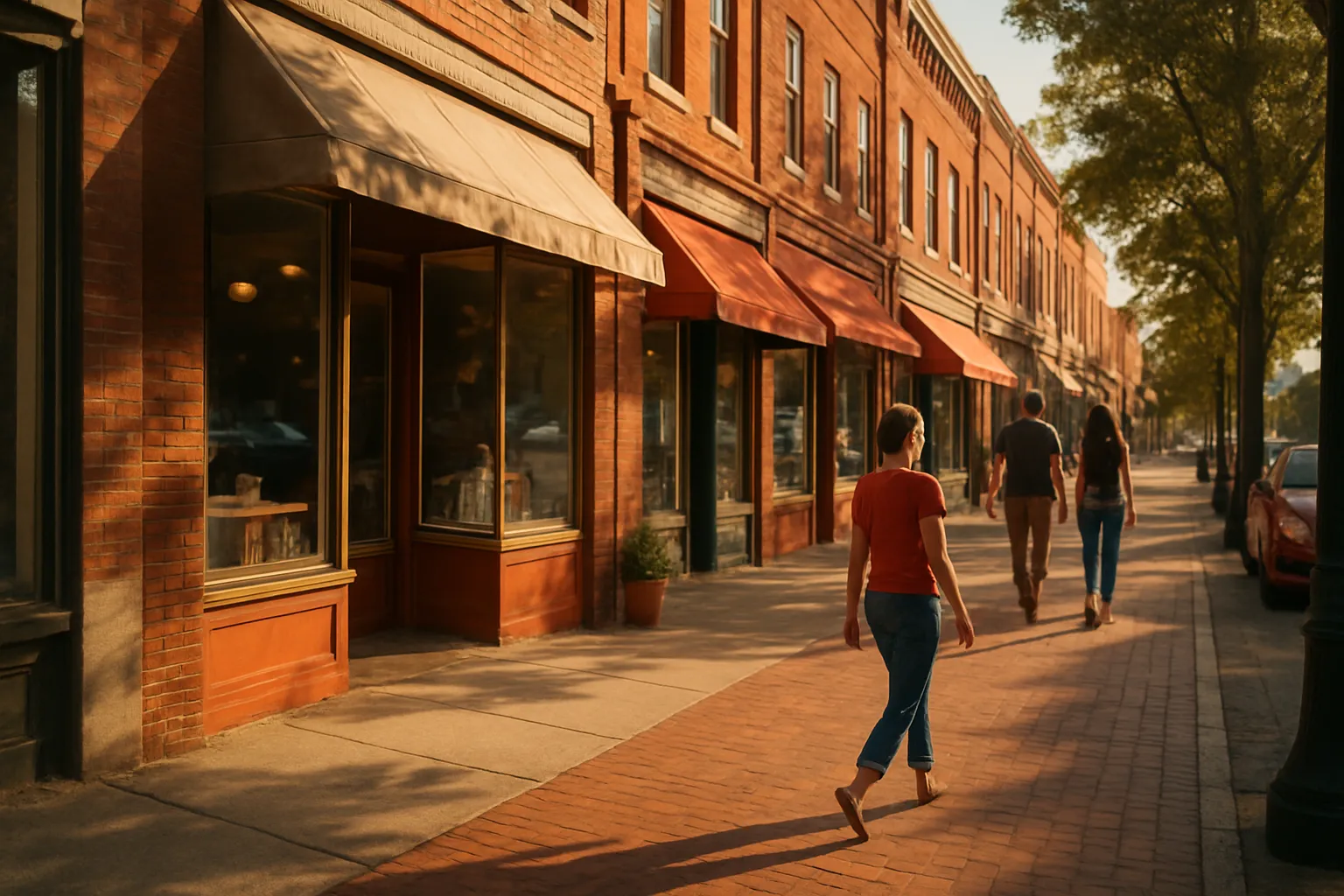 A warm, ground-level street scene in a mid-size American downtown with locally owned storefronts, window signs, and pedestrians walking past on a sunny day.